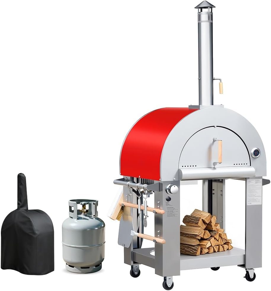 KOSTCH 32.5 inch Wood Fired and Propane Gas Pizza Oven for Outdoor Kitchen in Stainless Steel, Large Pizza Oven for Outside, Yard and Party (Red with Cover)