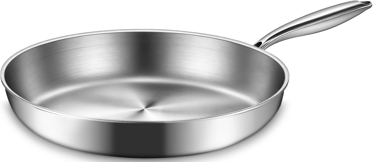 EWFEN 12 Inch Tri-Ply Stainless Steel Frying Pan, Compatible with All Cooktops Up to 600℉, Large Frying Pan Induction-Ready Skillet, Dishwasher and Oven Safe, Even Heat, 12″ Skillet