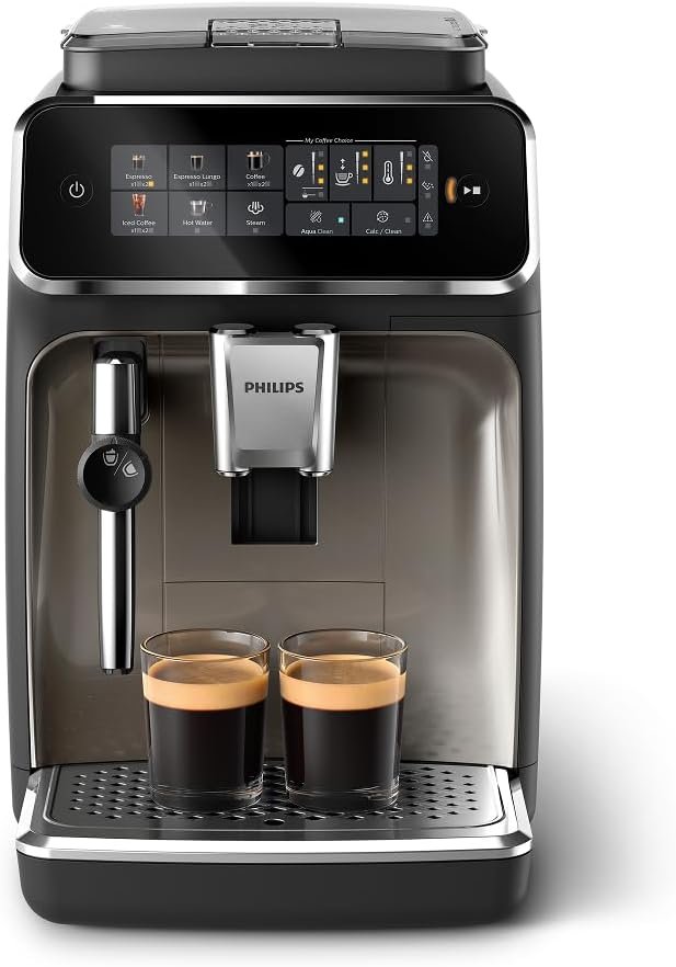 Philips 3300 Series Fully Automatic Espresso Machine with integrated milk frother and grinder, 5 Hot & Iced Coffee Pre-Sets, 40% Quieter SilentBrew, 15-Bar Pressure, Glossy Black (EP3326/90) | Integrated milk frother, Grinder, 5 Hot & Iced Coffee Pre-Sets, 40% Quieter SilentBrew, 15-Bar Pressure