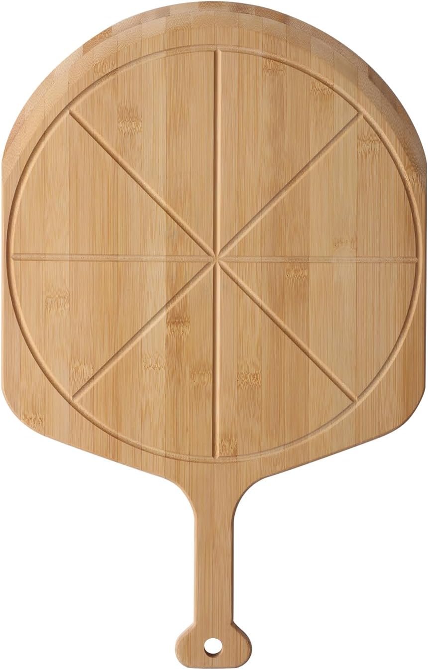 Fiery Chef 12” Bamboo Pizza Peel with 8 Slice Grooves, 17.3″ x 12.2″ | Wooden Pizza Paddle, Pizza Cutting Board for Bread Fruit Vegetables, Multi-Purpose Oven Accessories for Baking Homemade