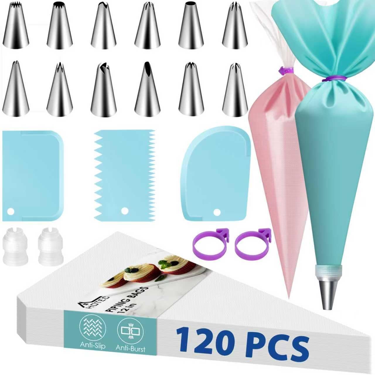 HOTEC Piping Bags and Tips Set, 120 Pcs Cake Decorating Kit with 100pcs 12 Inch Disposable Pastry Bags, 1 Reusable Piping Bags, 12 Piping Tips, 3 Cake Scraper, 2 Couplers, 2 Bag Ties, Baking Supplies