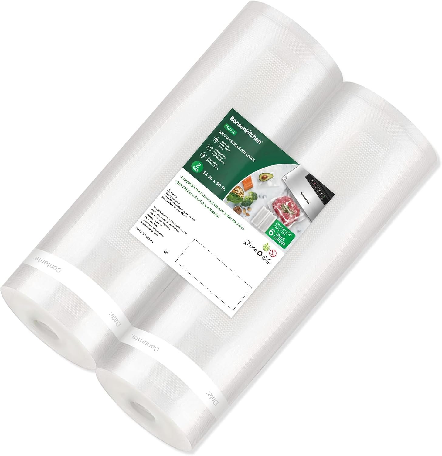 Bonsenkitchen Vacuum Sealer Bags, 2 Rolls 11″ x 50′, for Food Storage Saver | Commercial Grade Textured Food Roll Bags, BPA-Free & Food Grade, Customized Size Bag for Sous Vide Cooking, VB3210