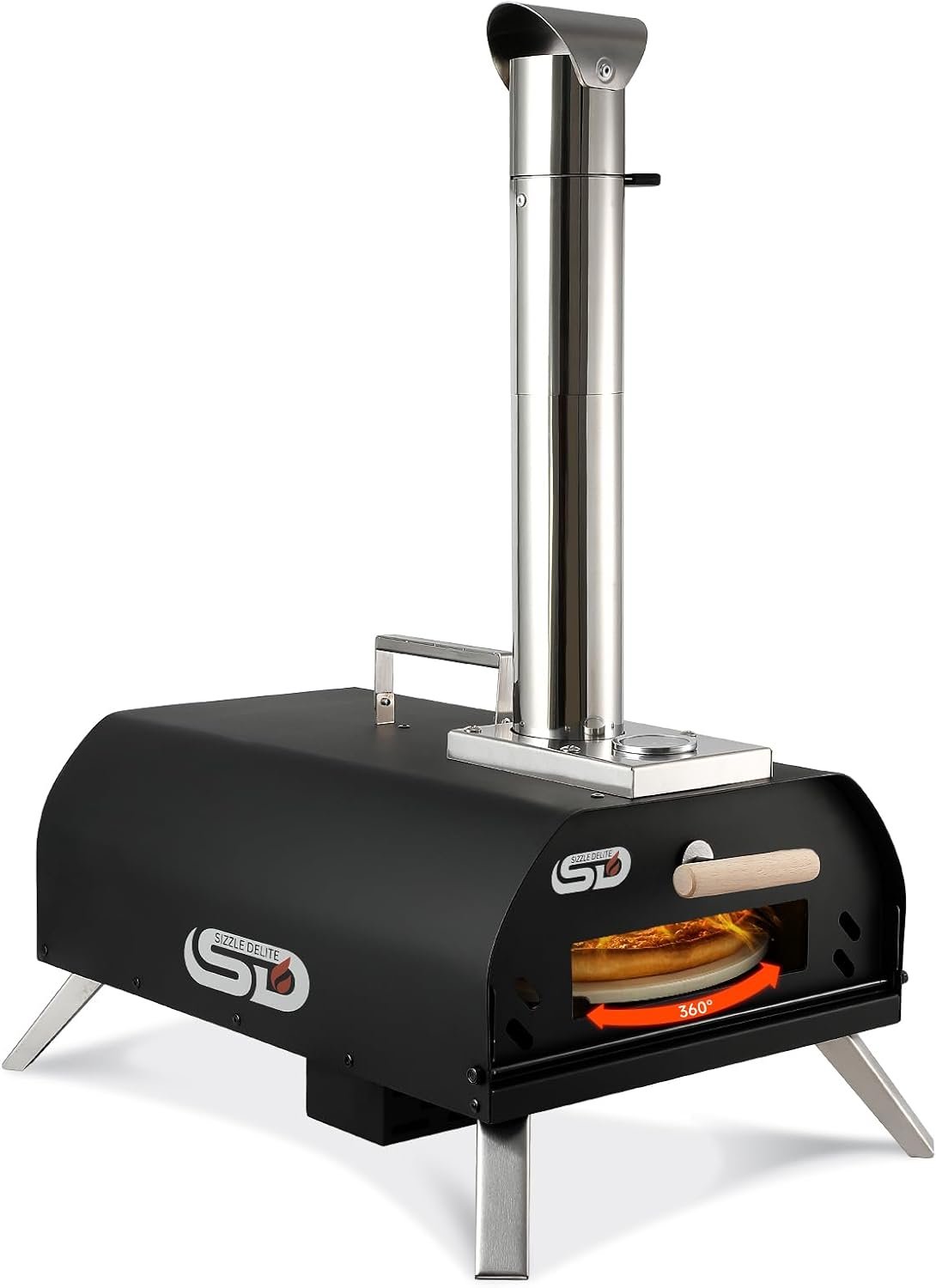 SizzleDelite Outdoor Pizza Oven Wood Pellet 12″ Round Pizza Stone, Portable Wood Fired with Built-in Thermometer Pizza Stove, Stainless Steel Pizza Maker for Outside, Backyard, Camping – Black