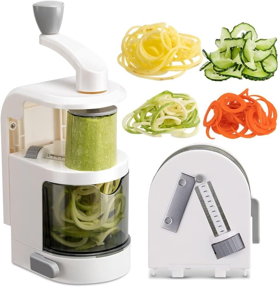 Badelite Vegetable Spiralizer 4-IN-1 Rotating Blade Veggie Spiralizer Zucchini Noodle Maker with Strong Suction Cup Spiral Vegetable Cutter Slicer – White