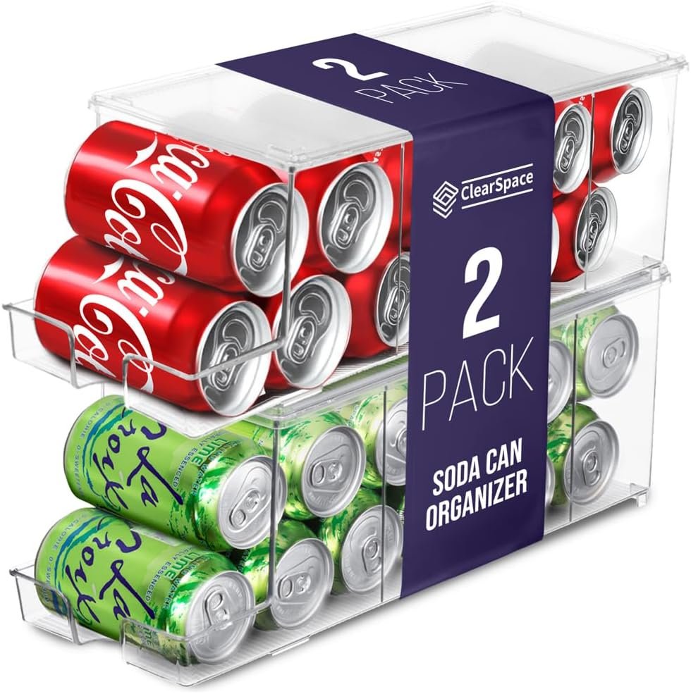 ClearSpace Soda Can Organizer & Soda Can Dispenser for Refrigerator – Fridge Organizer & Stackable Drink Organizer for Fridge or Refrigerator – Holds 12 Cans Each, BPA Free – 2 Pack