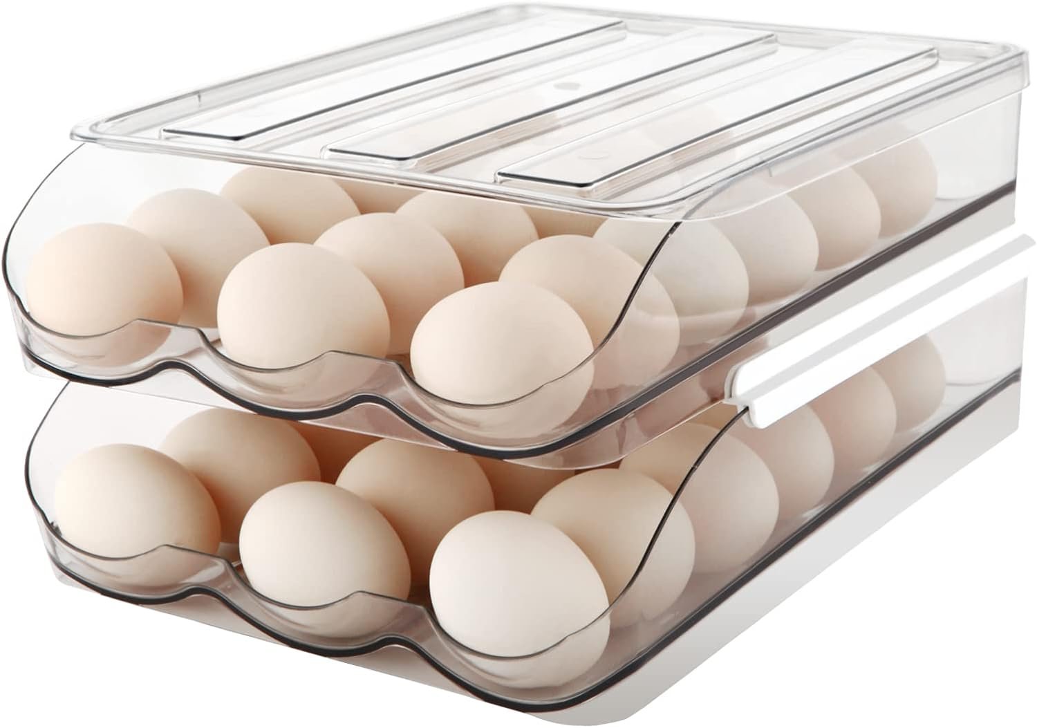 MesRosa Egg Holder for Fridge, Automatic Rolling Container Storage 36 Eggs | Clear Large Capacity Egg Organizer for Refrigerator with Lid, Stackable Dispenser, Tray & Bin, Saving Space -2 Layer