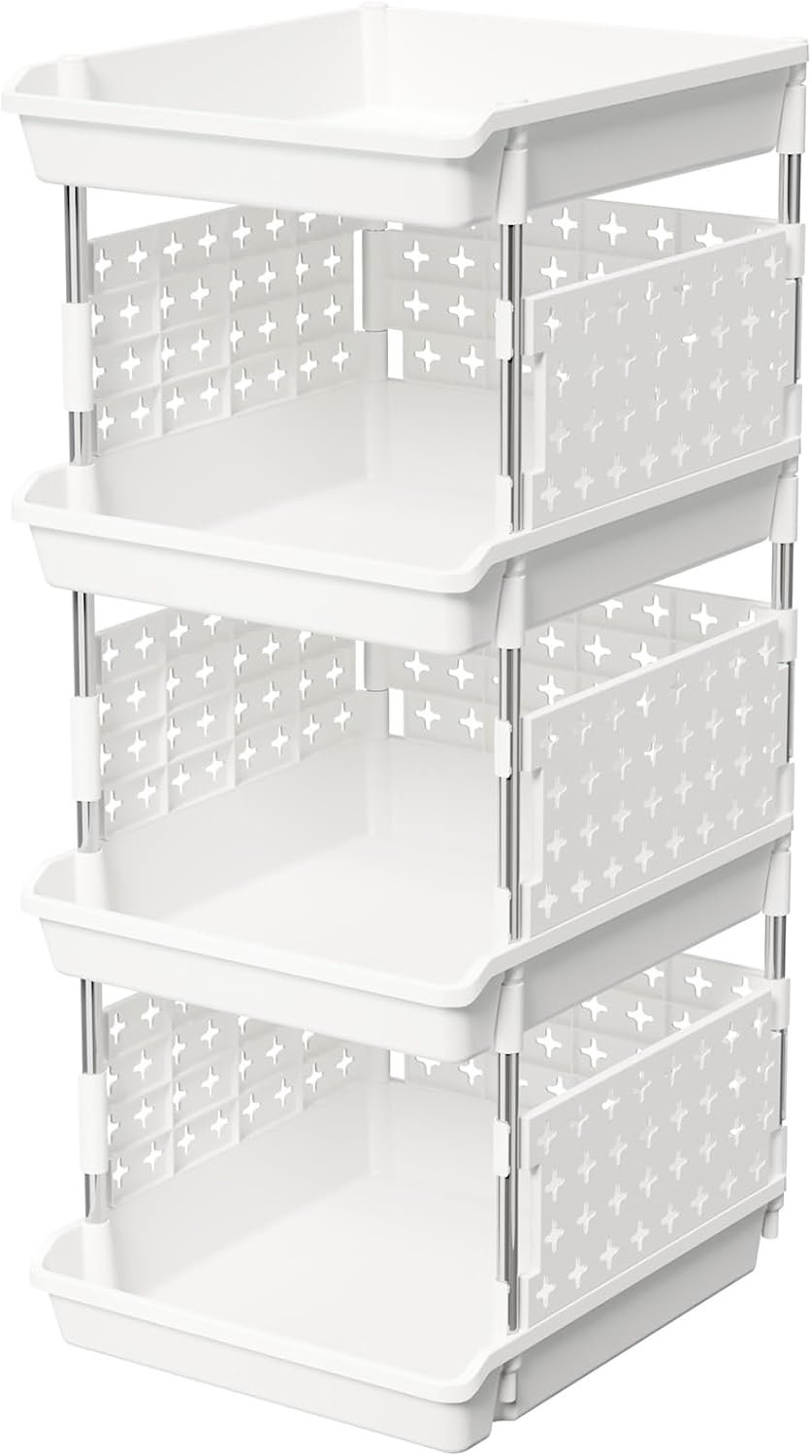 Lifewit Plastic Stackable Storage Baskets, 4 Tier Stacking Bins for Food and Clothes, Multifunctional Organizer for RV, Kitchen, Playroom, Pantry and Bathroom, 13.8″D x 11.8″W x 28.3″H, 1 Pack, White | Stacking Bins for Food, Multifunctional Organizer for RV, Kitchen, Playroom, Pantry and Bathroom