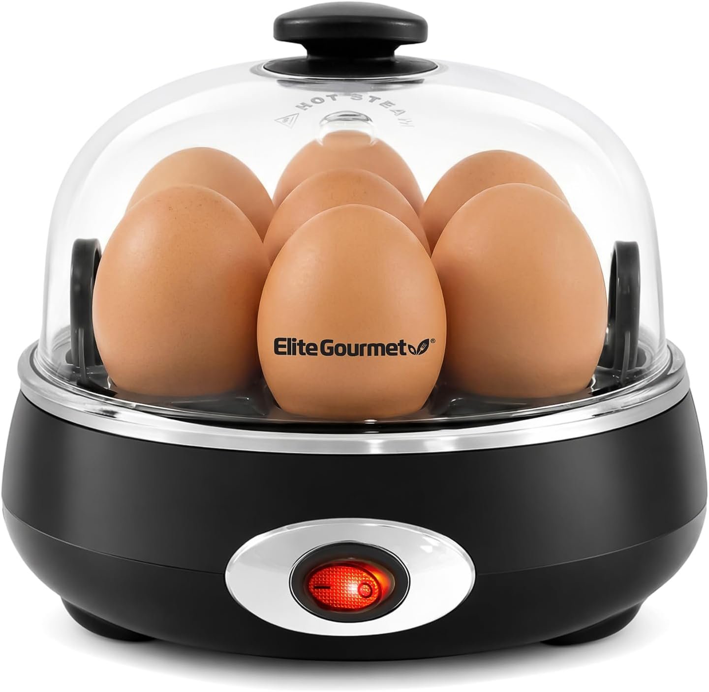 Elite Gourmet EGC007CHC# Rapid Egg Cooker, 7 Easy-To-Peel, Hard, Medium, Soft Boiled Eggs, Poacher, Omelet Maker, Auto Shut-Off, Alarm, 16-Recipe Booklet, Charcoal Grey | Poaches, makes omelets, cooks easy-to-peel hard, medium, soft-boiled eggs – auto shut-off, alarm, 16-recipe booklet included