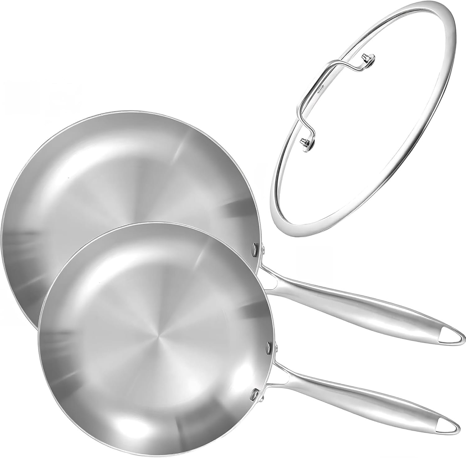 LOLYKITCH 8.5-10 Inch Tri-ply Stainless Steel Frying Pan Set with Lid,Skillets,Induction Cookware,Dishwasher and Oven Safe | Tri-Ply Stainless Steel Frying Pan | PFOA & PTFE Free | Fast & Even Heat | Induction Compatible | Dishwasher & Oven Safe