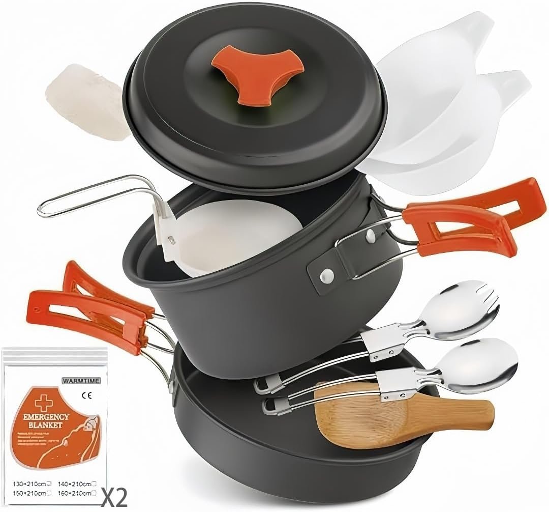 12-Piece Lightweight Camping Cookware Set – Nonstick Pot, Pan & Utensils for Backpacking & Hiking – Portable Mess Kit for 1–2 People, Bonus 2 Emergency Blankets
