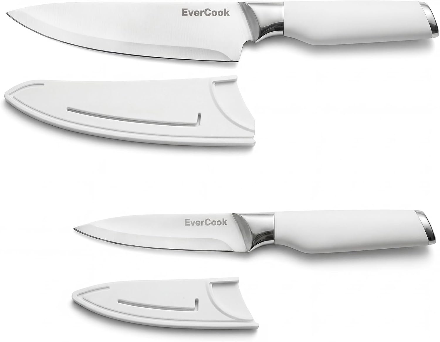 4-Piece Kitchen Knife Set A, Stainless Steel Knives with Hollow-Ground Blades and Matching Protective Sheaths, White Handle