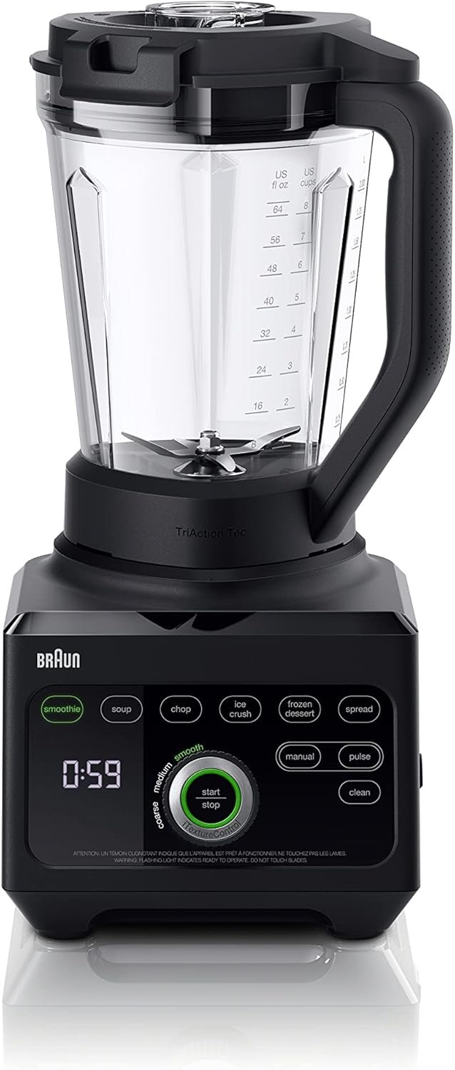 Braun TriForce Power Blender, 10-Speed, Heated Blend, Auto-Clean, 1600W | Triangular Jug for Faster Blending, 3 Texture Options, 18 Different Settings, 10 Speeds and Pulse, Stainless Steel Blades