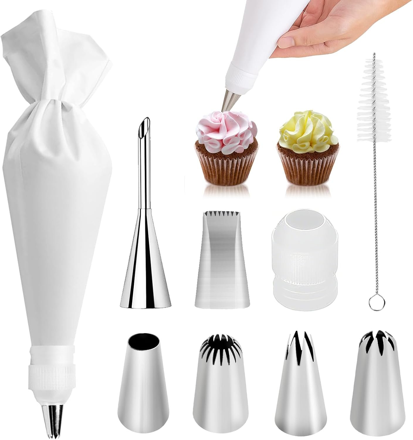 9-Piece Reusable Piping Bags and Tips Set with Stainless Steel Nozzles | Thick cotton bag, 6 stainless steel tips, secure coupler and brush for cakes, cupcakes and cookies decorating, easy to reuse