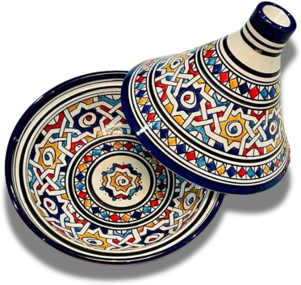 Handmade Moroccan Ceramic Tagine Cooking Pot, Hand Painted Cooking and Serving Pot, Handmade Tagine pot For Your Kitchen, Ceramic Pots For Cooking with Two Gifts (8″= 20cm)