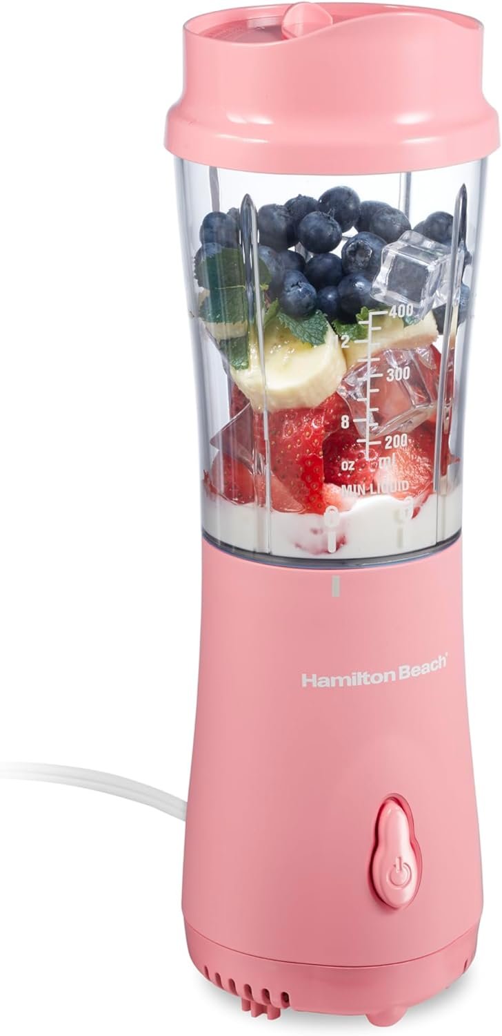Hamilton Beach Portable Blender for Smoothies With 14 oz. Travel Jar | BPA Free Jar & Lid | Durable Stainless Steel Blades | 300 Watts Peak Power | Personal Smoothie Blender | Coral | 51171G