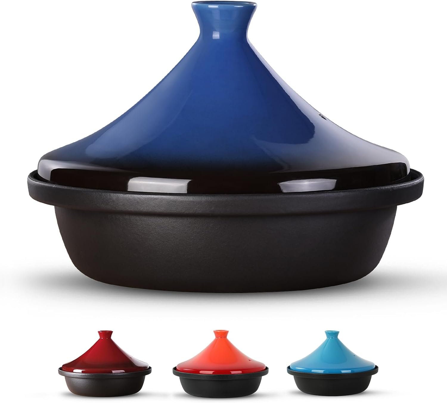 Moroccan Tagine for Cooking: Enameled Cast Iron Cooking Pot, Slow Cooker, Classic Kitchen Cookware, Tajine with Ceramic Cone-Shaped Closed Lid, 3.3 QT, Blue