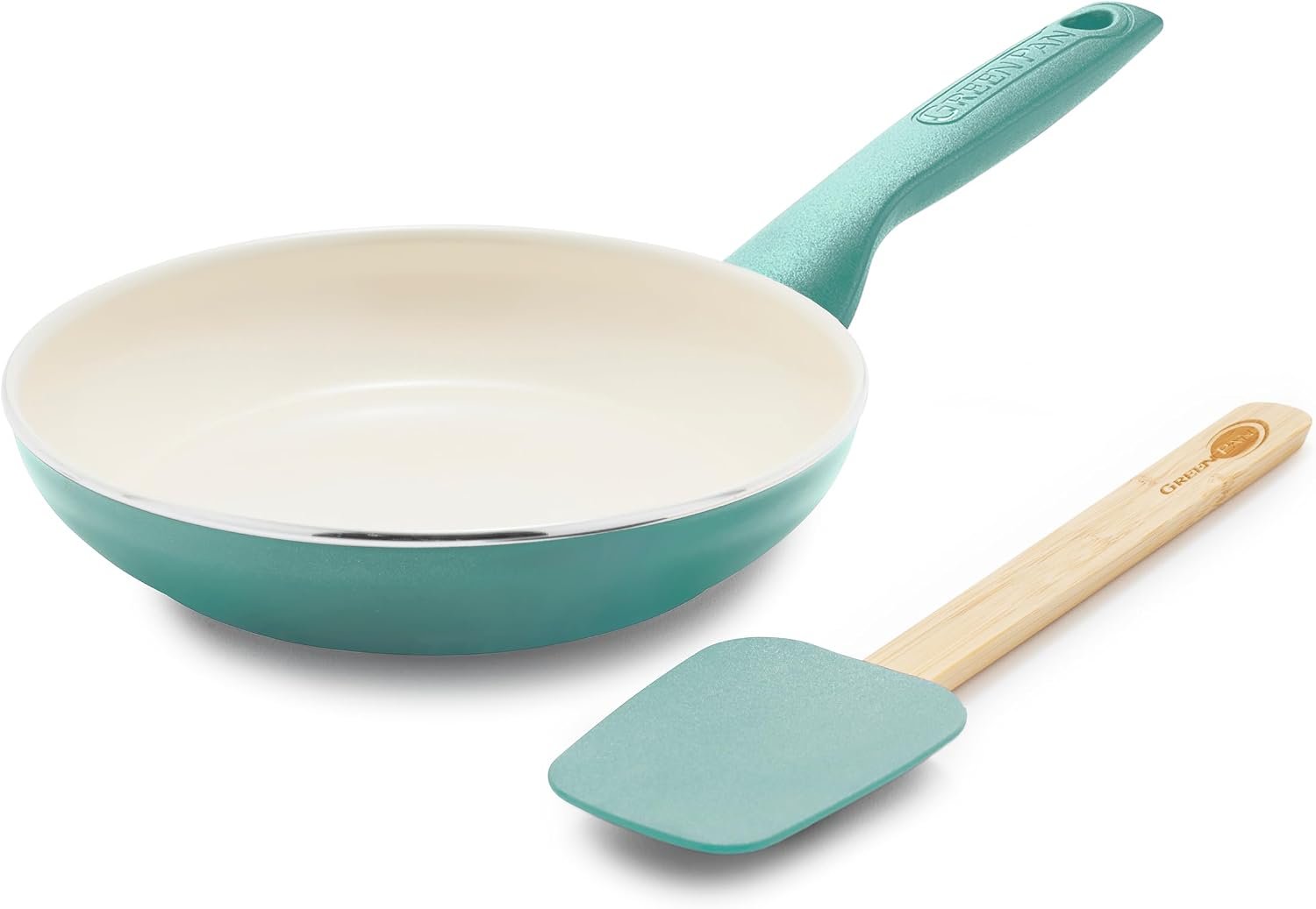 GreenPan Rio Healthy Ceramic Nonstick 8″ Frying Pan Skillet and Silicone Spatula Set, Soft Grip Handle, Breaktfast Meal Set, PFAS-Free, Dishwasher Safe, Oven Safe, Turquoise