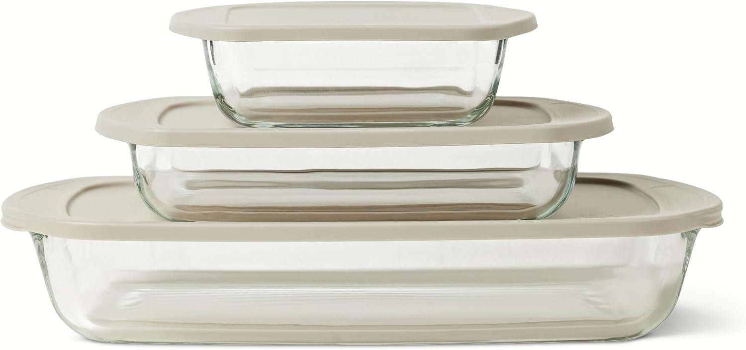 Amazon Basics Glass Baking Dishes with BPA-Free Lids, 6-Piece Bakeware Set, Borosilicate Glass, Oven-Safe up to 752°F, Non-Slip and Stackable, Dishwasher-Safe, Linen Gray