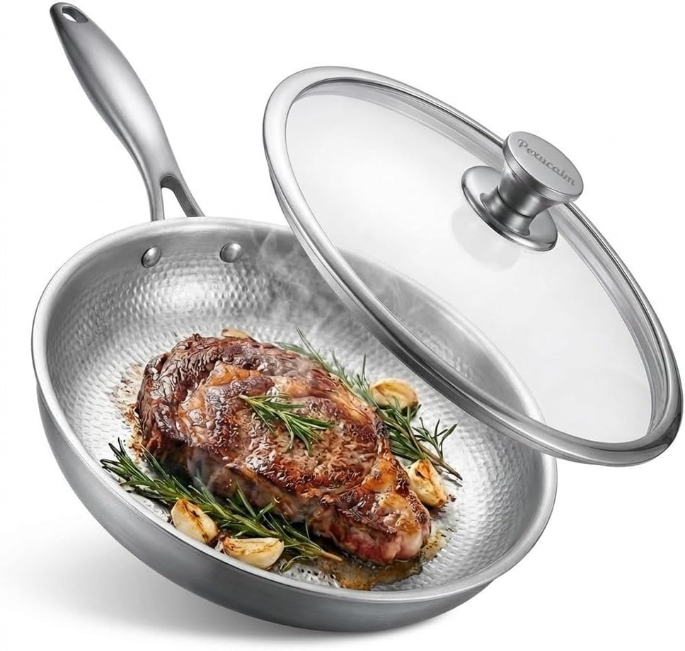 11.8″ Titanium Frying Pan with Lid, Non-Stick Hammered Skillet | 3-Ply Heats Fast & Evenly, PFAS/PFOA/PTFE Free, Scratch-Resistant, for Induction & Gas, Oven-Safe to 500°F, Dishwasher Safe