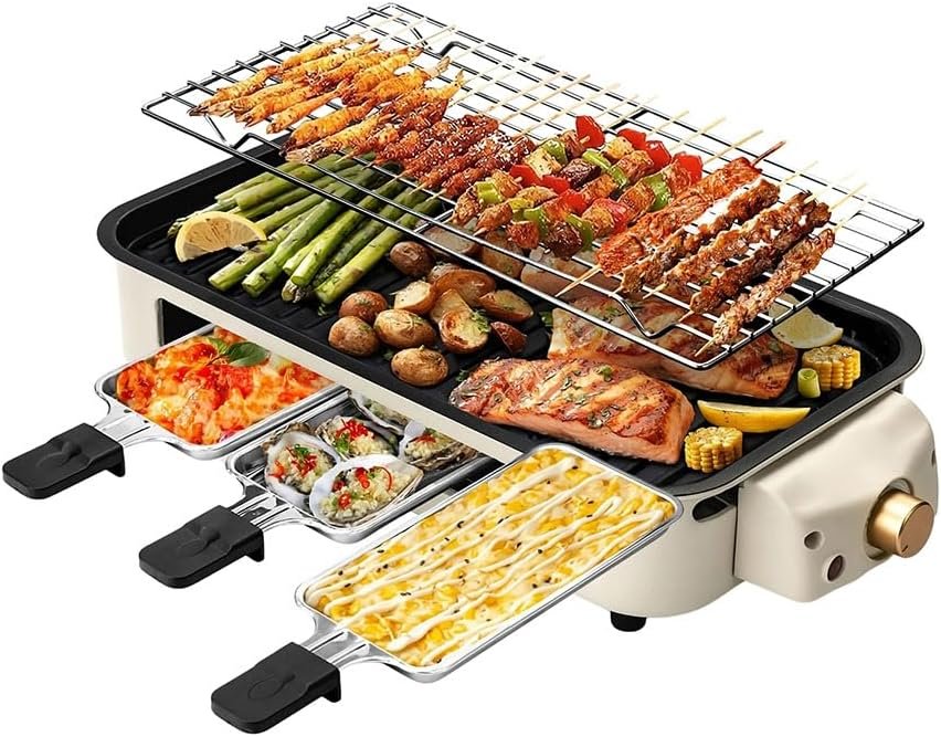OVENTE 2-in-1 Electric Indoor Grill Non-Stick Cooking Plate, Beige BQR1502B | 1500W Smokeless Korean BBQ Griddle with, 3 Raclette Cheese Pans, Adjustable Temperature Control, Dishwasher Safe