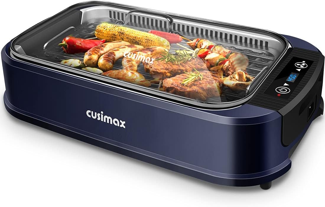 Indoor Grill CUSIMAX Electric Smokeless Grill Portable Korean BBQ, Blue | with Turbo Smoke Extractor Technology, Adjustable Temperature, Non-stick Removable Plate, Tempered Glass Lid, Great for Party