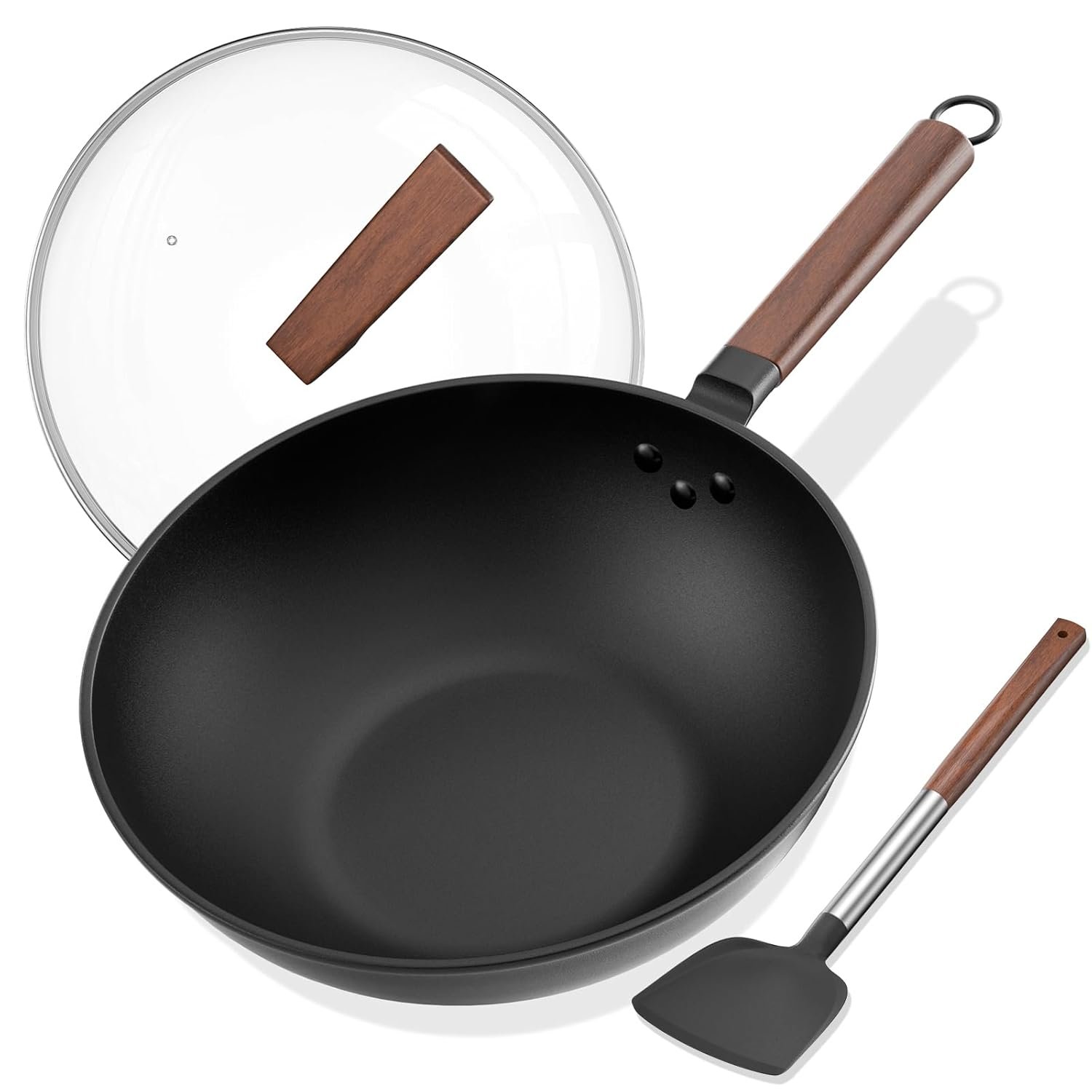 Todlabe 13 Inch Wok with Glass Lid & Silicone Spatula, Naturally Non‑Stick | Pre‑Seasoned 5.6 Quart Carbon Steel Woks & Stir-fry Pans with Flat‑Bottom, PFOA & PTFE‑Free Chinese Cookware for All Cooktops