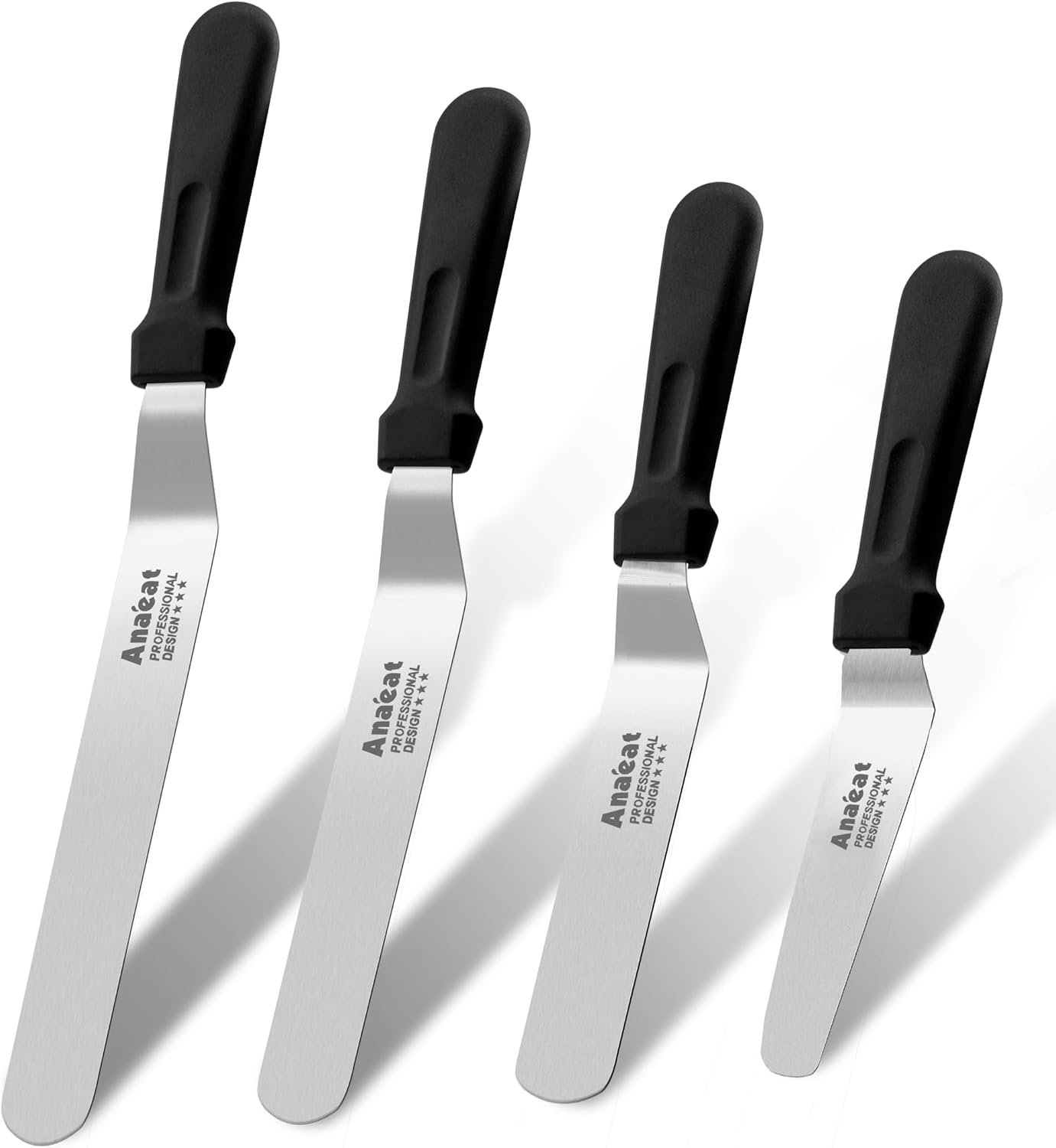 Anaeat Icing Spatulas, Set of 4 Professional Cake Angled Offset Spatula with 4″, 6″, 8″, 10″ Stainless Steel Blades – Thickened Frosting Knife with Plastic Handle for Cake Decorating, Pastry & Baking