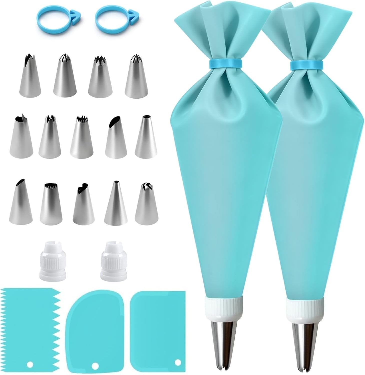 Piping Bags and Tips Set, Cake Decorating Supplies Kit, Reusable Pastry Bags and Tips, Frosting Piping Kit with 16 Inch Piping Bags, Silicone Rings, Couplers, Scrapers, Baking Tools for Cookie Icing