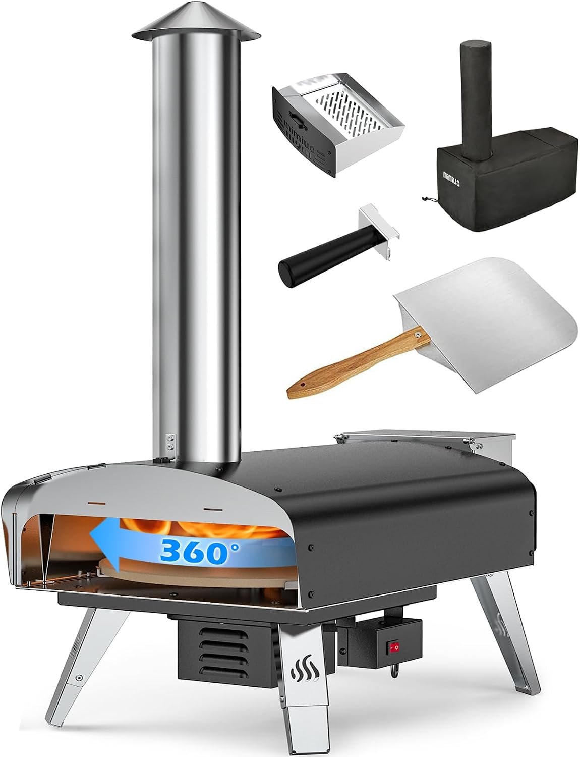 Mimiuo Auto-Rotating Wood Pellet Pizza Oven Outdoor 40Lbs, 60S Bake w/Stone | Heavy Duty, Fast Baking, Complete Baking Tool (Automatic Spinning System, Stone, Peel & Cover), Easy Operation