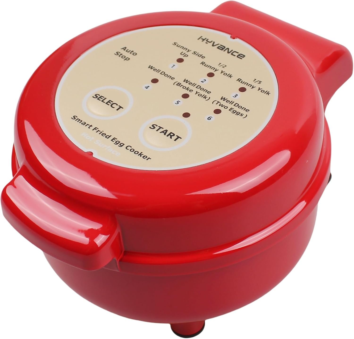Hyvance Smart Fried Egg Cooker, Automatic Fried Egg Maker for 6 Features like Sunny Side Up, Over Easy, Fully Cooked & More. Auto Power Off, Alarm, Round Shape, Non Stick Coating (Red)