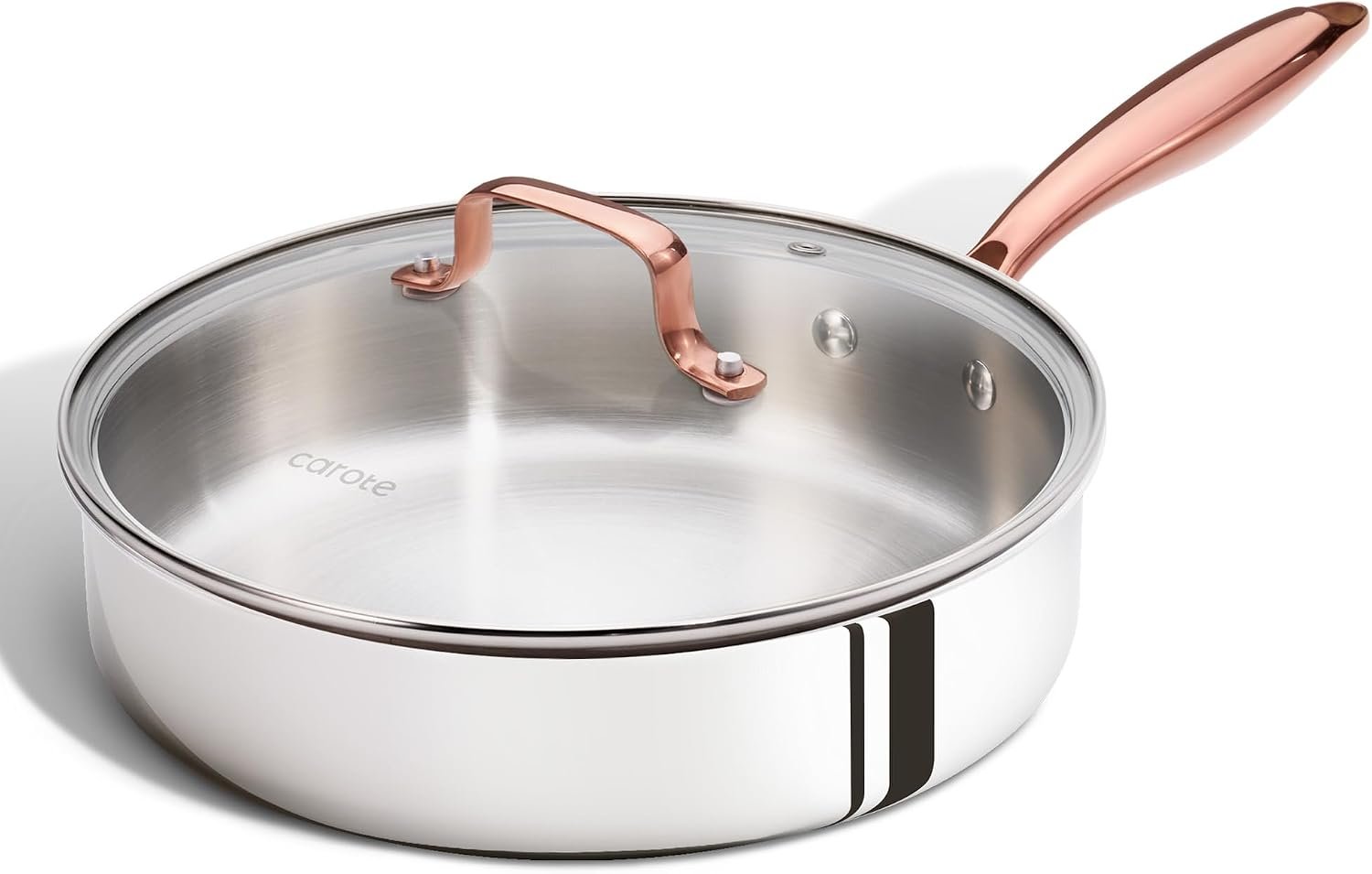 CAROTE 10″ Tri-Ply Stainless Steel Deep Frying Pan with Lid, Non-Toxic Saute Pan, Oven Safe, Induction, Ceramic and Gas Cooktops Compatible, Silver