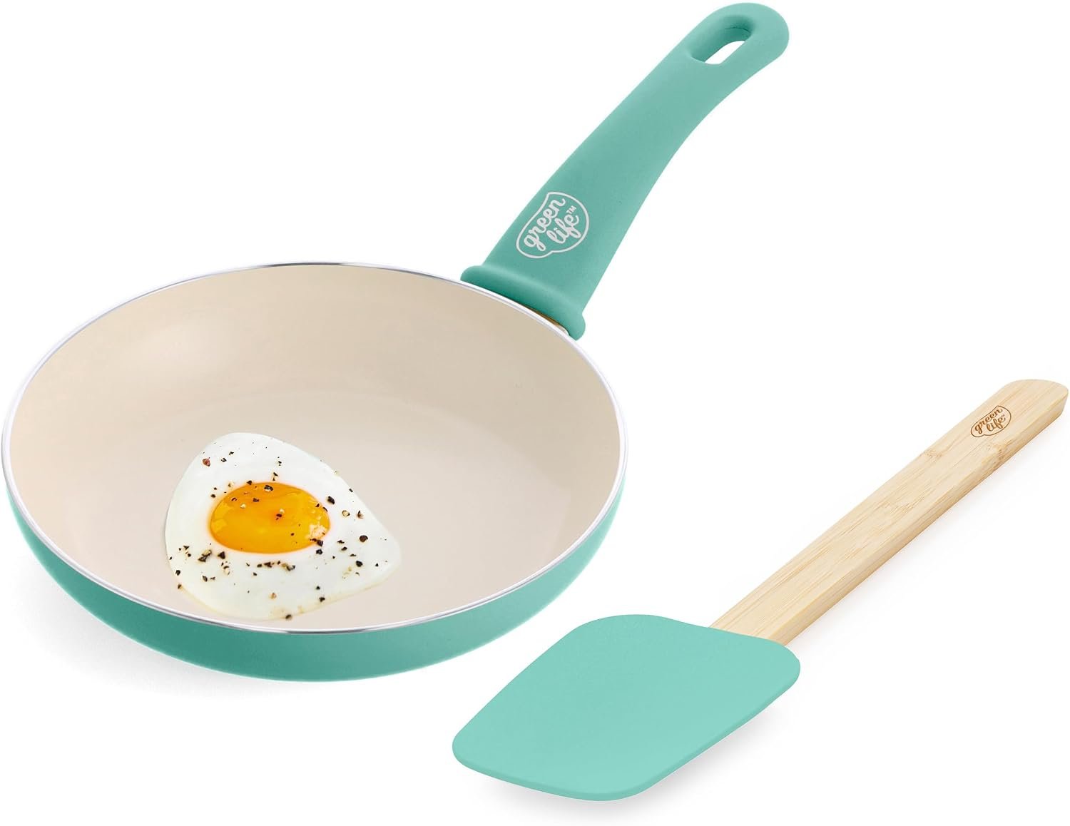 GreenLife Soft Grip 8” Frypan Skillet and Spatula Breakfast Cookware Set, PFAS-Free Ceramic Nonstick, Silicon Spatula with Bamboo Handle, Egg Omelette, Dishwasher Safe, Stay-Cool Handles, Turquoise