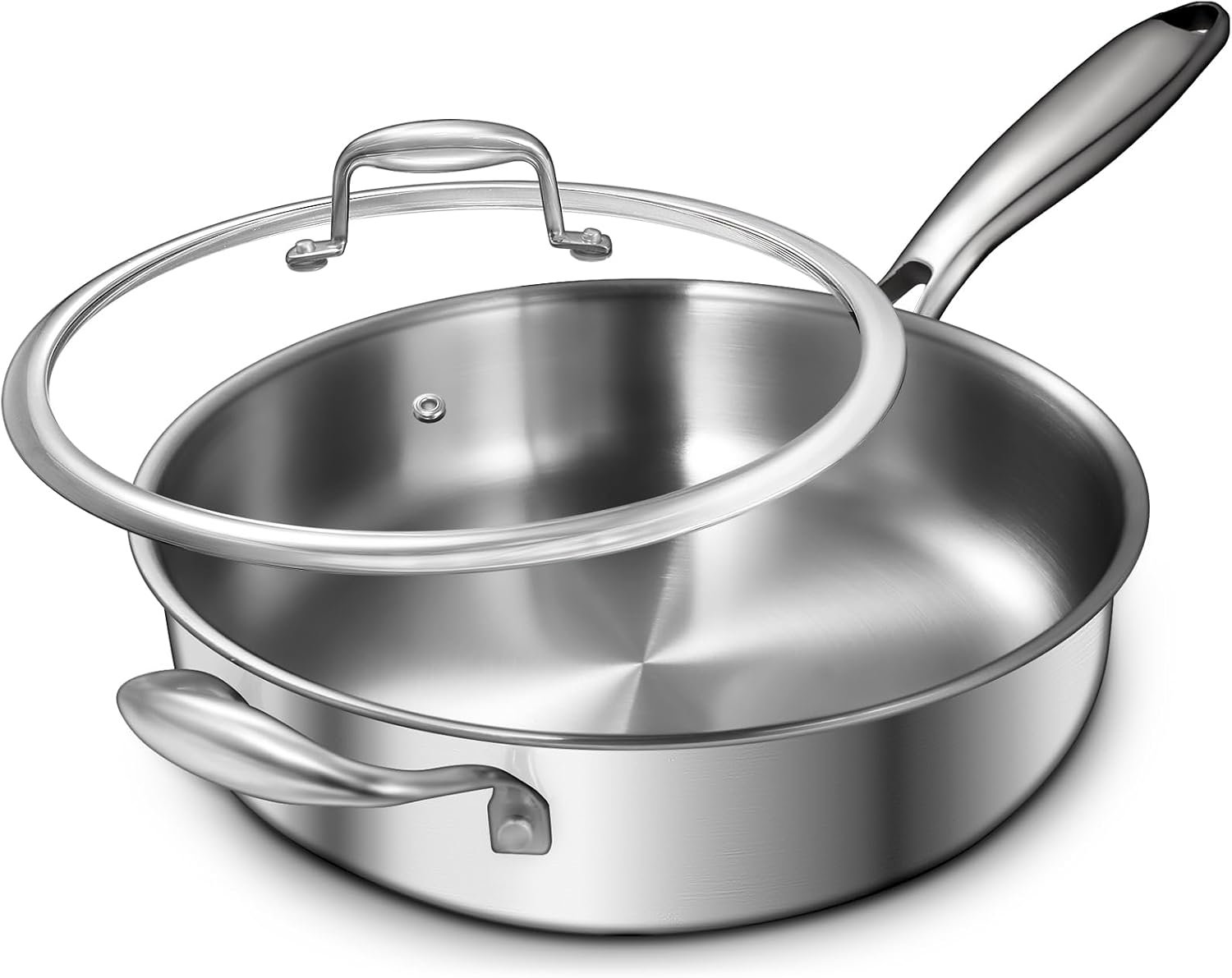 EWFEN 12 Inch Tri-Ply Stainless Steel Frying Pan, Compatible with All Cooktops Up to 600℉, Large Frying Pan with lids, Induction-Ready Skillet, Dishwasher and Oven Safe, Even Heat, 12″ Pan+Handle+Lid