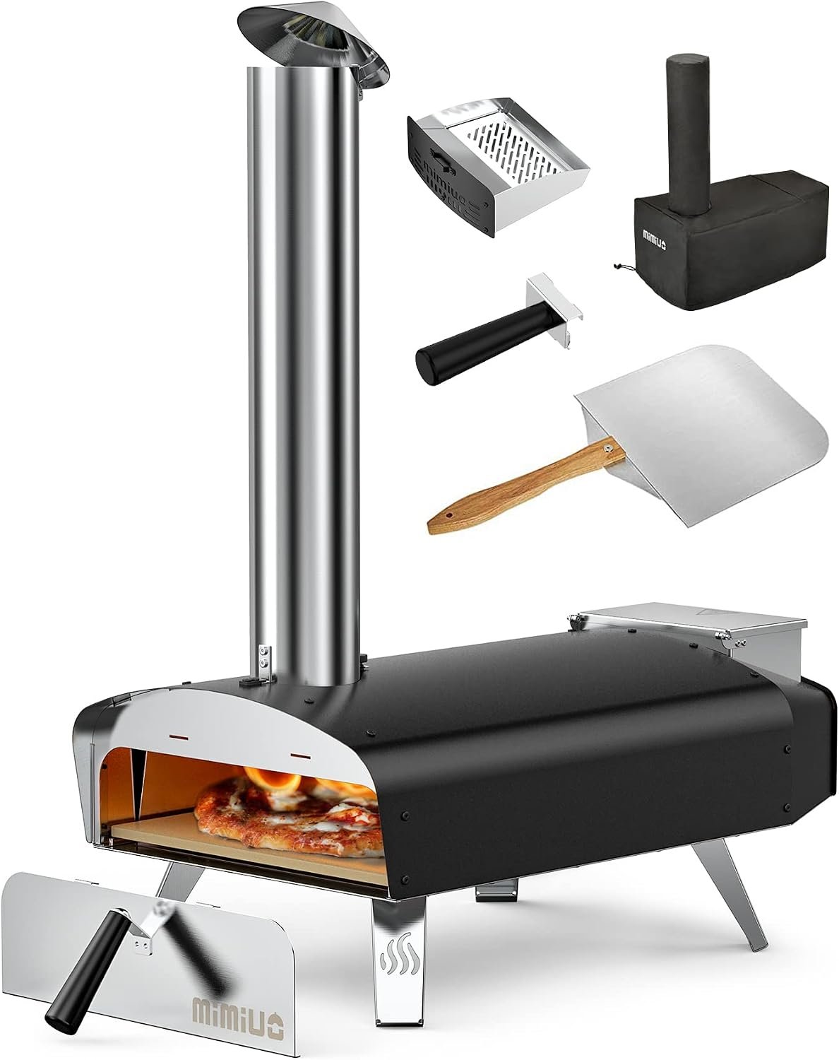 Mimiuo 12″ Wood Pellet Pizza Oven Outdoor 35 Lbs – 60 Sec Bake, Stone/Peel | Heavy Duty, Portable, Complete Baking Tool with Stone, Peel & Cover, Easy Operation, for Backyard Party Outside Camping