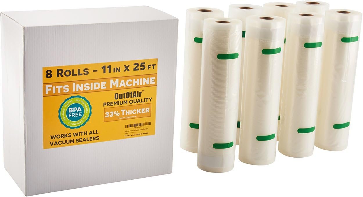 11″ x 25′ Rolls (Fits Inside Machine) BULK 8 Pack (200 ft total) OutOfAir Vacuum Sealer Rolls Works With FoodSaver & Other Machines, 33% Thicker BPA Free Sous Vide Commercial Grade Bags
