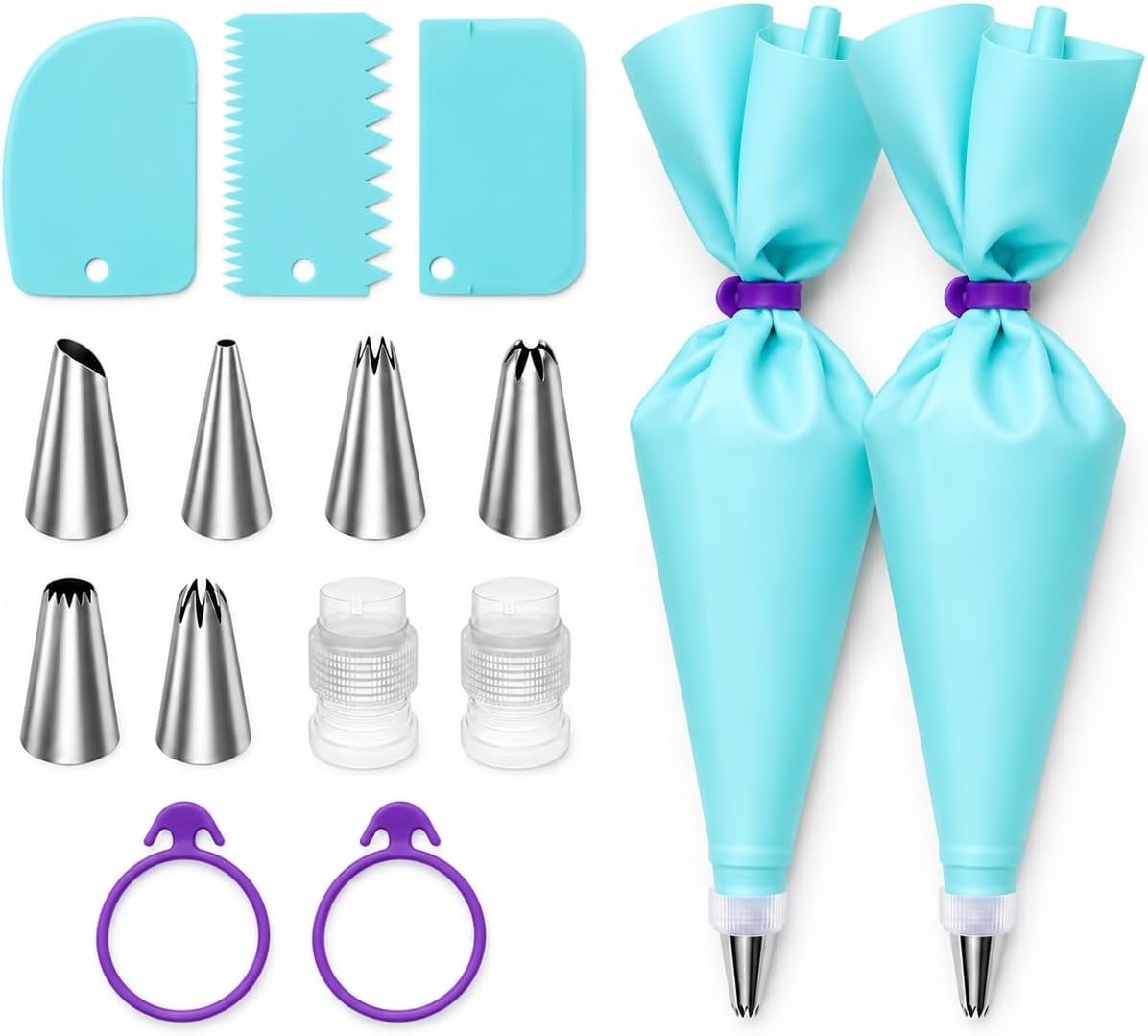 15-Piece Piping Bags and Tips Set, Cake Decorating Kit with 6 Stainless Steel Icing Tips, 2 Reusable Blue EVA Pastry Bags, 2 Couplers, 2 Silicone Ties and 3 Cake Scrapers for Baking