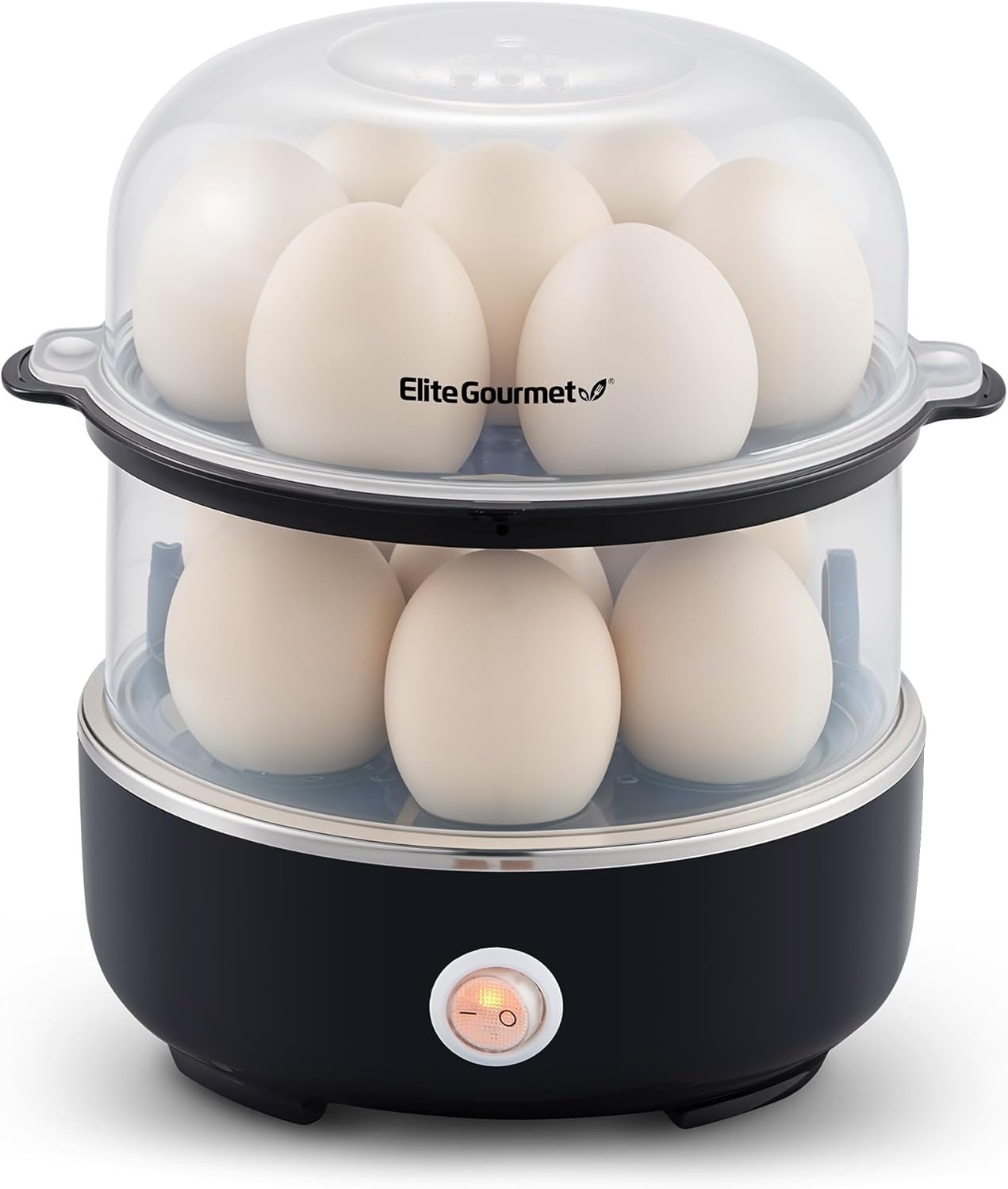 Elite Gourmet EGC1215B Easy Egg Cooker, Two-Tiered, 14-Egg, Black | Steel heating plate cooks soft, medium, hard-boiled eggs, omelets, poached eggs – auto shut-off – measuring cup, piercing pin