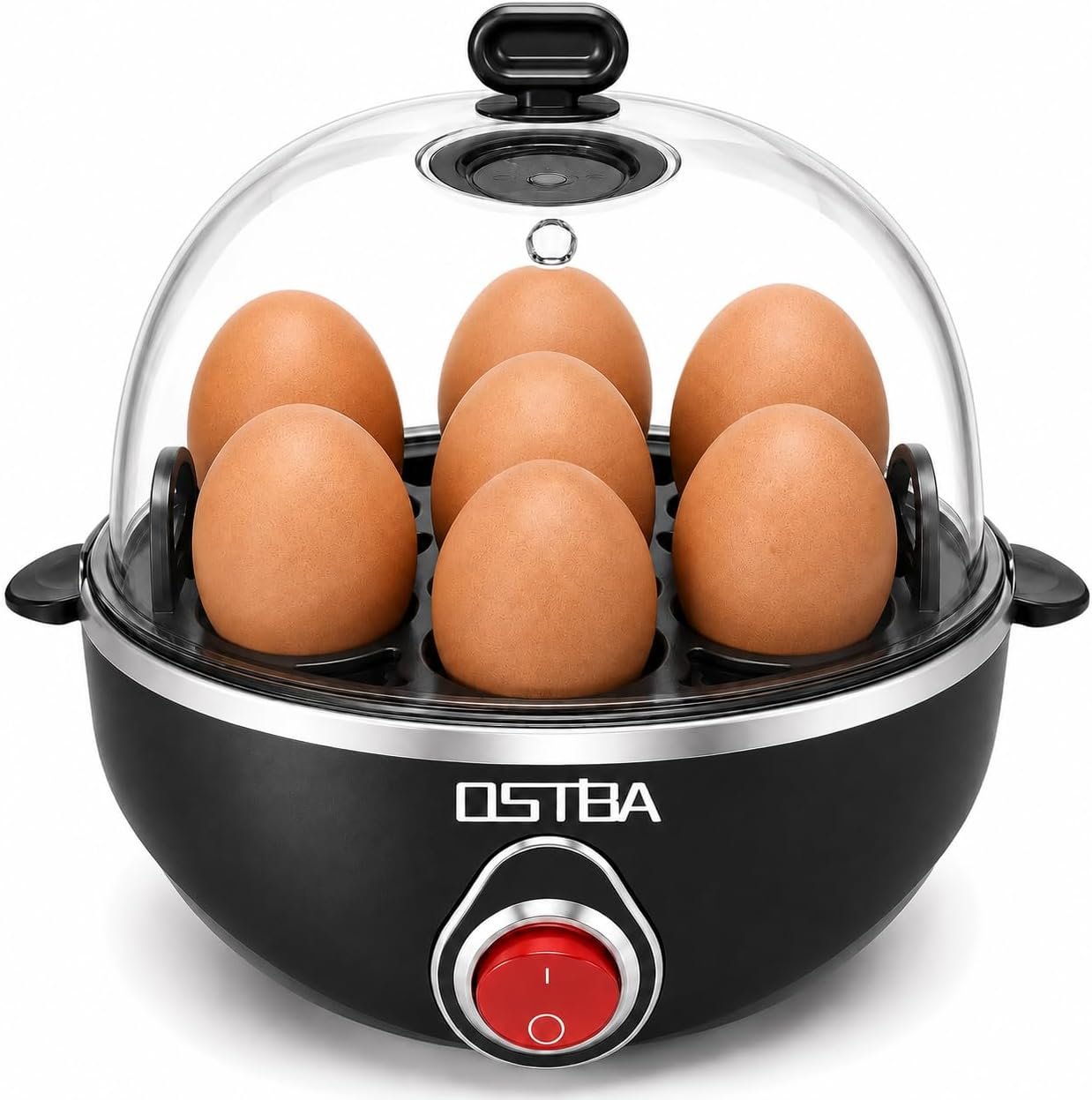 OSTBA Electric Egg Cooker, 7-Egg Boiler for Hard Boiled Eggs, Black | Soft, medium or hard-boiled eggs, one-button cooking, auto shut-off, measuring cup with piercing pin