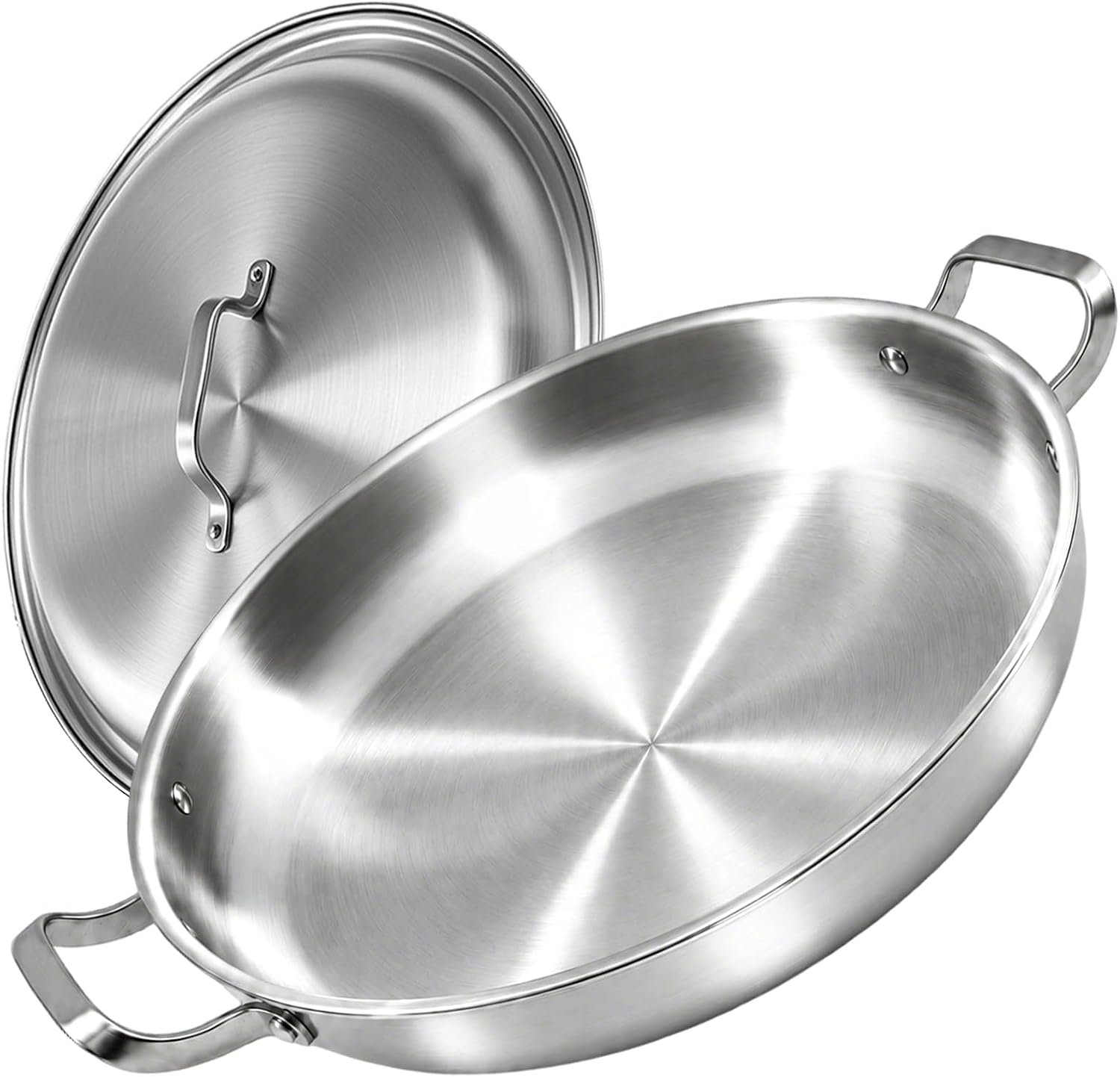 Yeksum 16 Inch Stainless Steel Paella Pan,18/10 Large Skillet，Frying Pan with Lid，Even Heating for All Cooktops，Oven/Dishwasher Safe for Outdoors,Camping