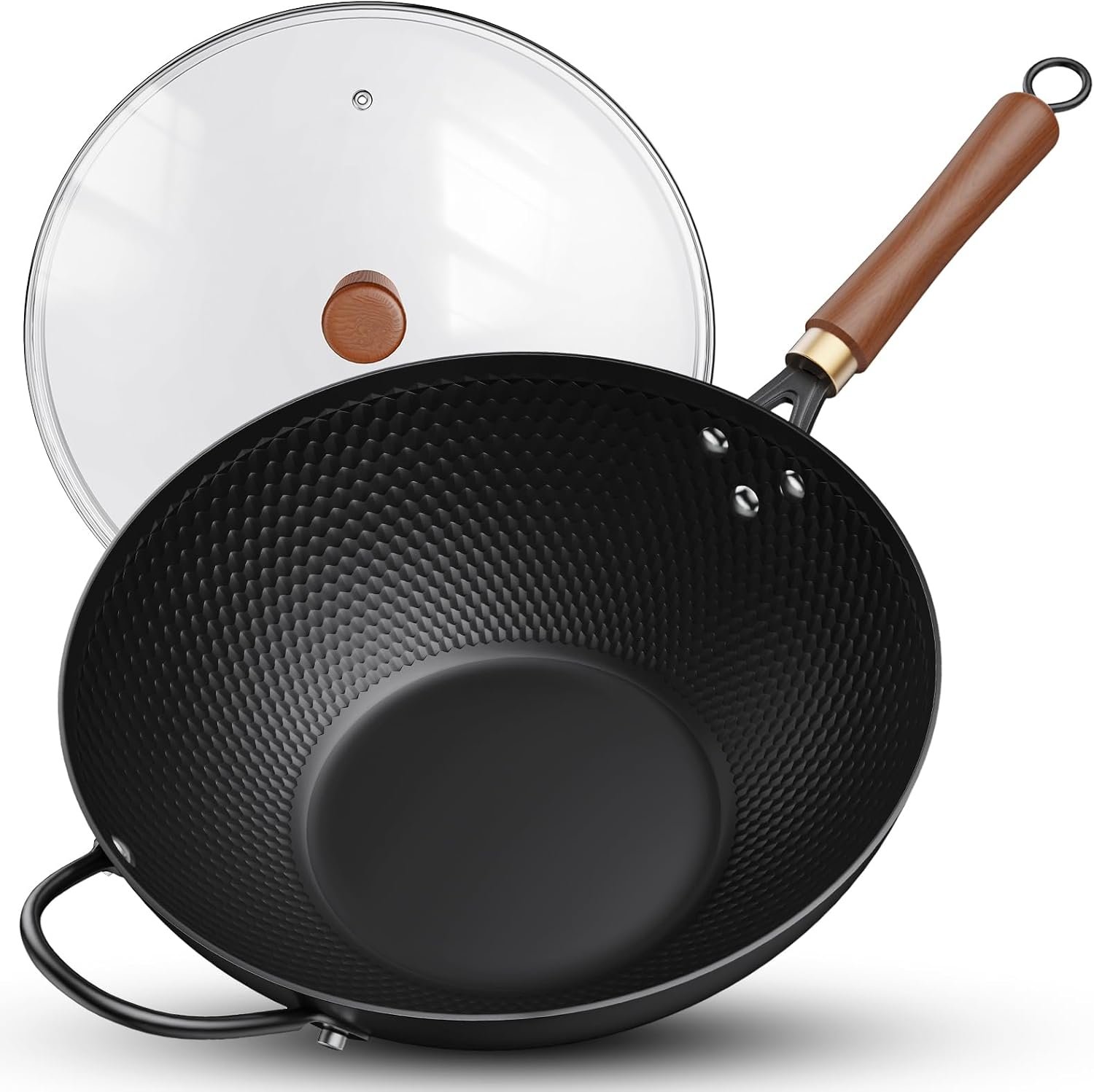 Todlabe Wok with Lid, 13 Inch Carbon Steel Woks & Stir-fry Pans Nonstick | Pre-Seasoned 5.6QT Flat Bottom Chinese Wok Pan with Lid, PFOA/PTFE free Cookware Compatible with All Cooktops