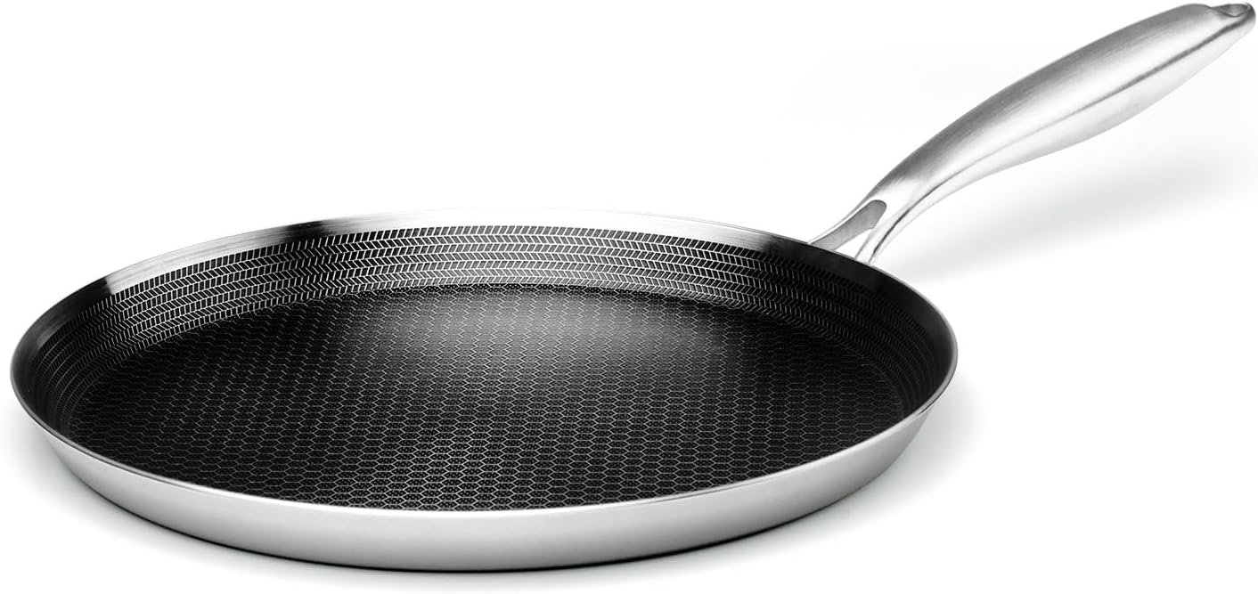 Innerwell 12 Inch Nonstick Crepe Pan, Stainless Steel Pancake Pan-Silver | Honeycomb coating, PFOA-free.Compatible with All Stoves,Stay-Cool Handles.Oven Safe&Dishwasher Safe