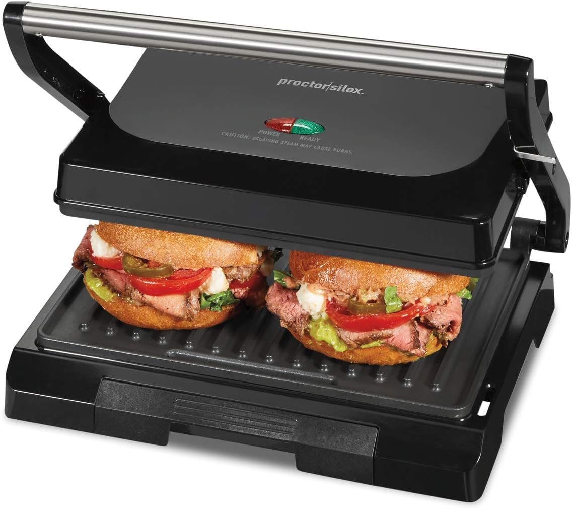 Proctor Silex Panini Press Sandwich Maker Grill & Electric Indoor Grill | 70 sq. in. Cooking Surface | Easy-Clean PFAS-Free Nonstick Grids | Compact Upright Storage | Indicator Lights | Black