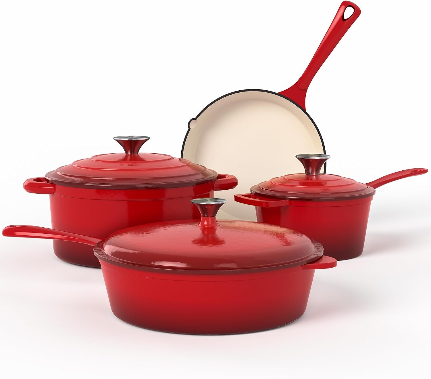 Kitchen Academy Red Enameled Cast Iron Cookware Sets, 7Pcs | Healthy Pots and Pans Set Non Toxic, Induction Dutch Oven Set, PFOA & PFAS Free