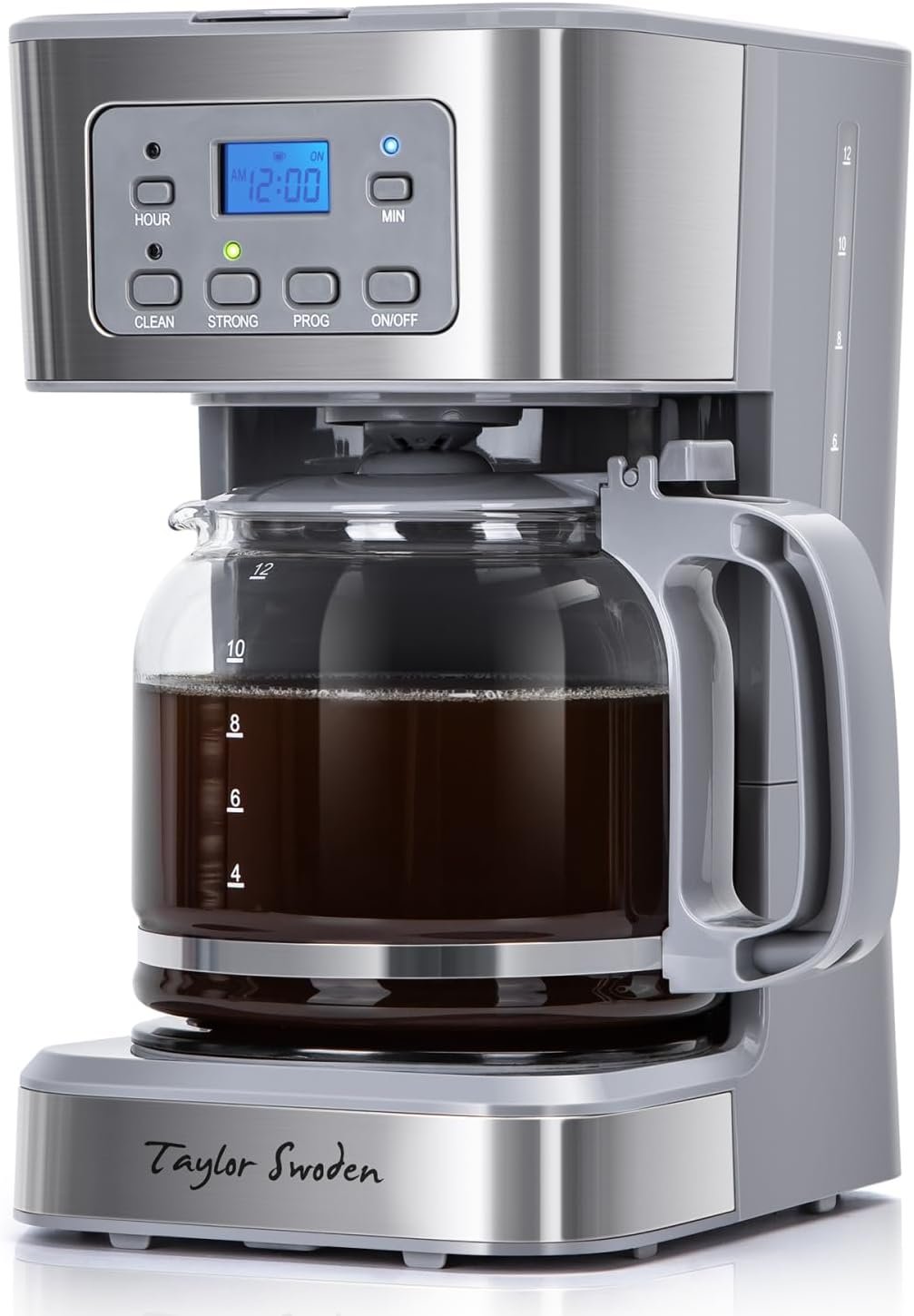 Taylor Swoden 12-Cup Programmable Coffee Maker, Gray & Stainless Steel | Regular & Strong Brew Drip Coffee Machine for Home and Office, Glass Carafe, Pause & Serve, Auto Shut Off