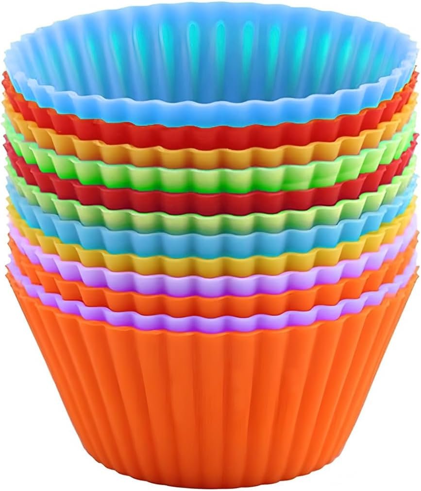 12 PCS Reusable Silicone Cupcake Baking Cups, Round | Multicolored Muffin Liners, Easy Clean Pastry Muffin Molds, Non-Stick, Dishwasher Safe, Microwave and Oven Safe for Party
