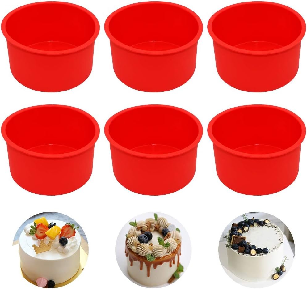 Silicone Mini Round Cake Molds, 4 Inch, Red, Set of 6 | Reusable, Non-Stick, Microwave, Oven, Freezer Safe