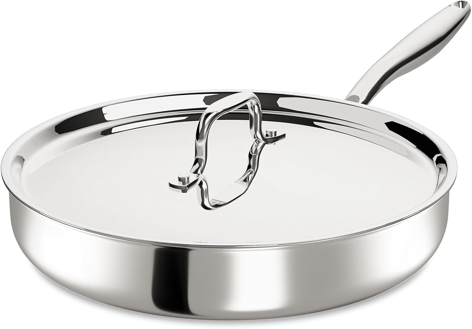 12 Inch Tri-Ply Stainless Steel Frying Pan, Frying Pan with Lid, PFOA/PTFE Free Skillet, Induction Cooking Pans, Dishwasher & Oven Broiler Safe 600F, Professional Cookware, Heavy Duty & Even Heat