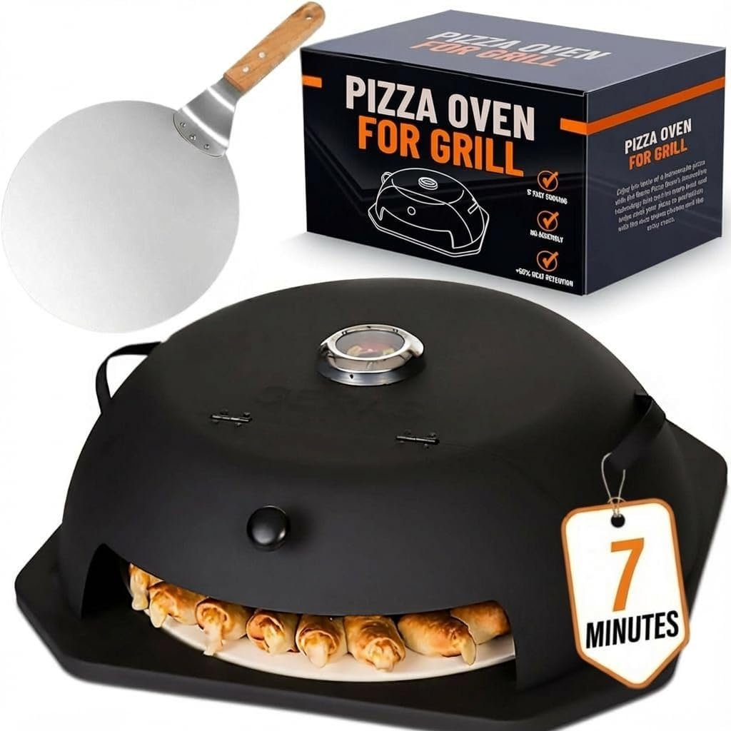 HeatGuard Pro Geras Pizza Oven for Grill – Grill Top Pizza Oven For Outdoor Camping – Pizza Stone, Pizza Peel Kit – Portable Backyard BBQ Pizzas Maker Charcoal, Pellet, Propane Gas Wood Attachment