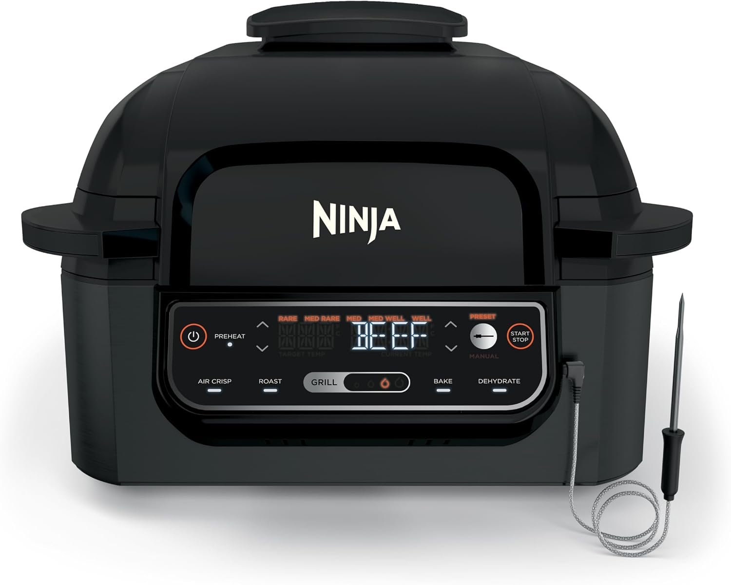 Ninja® Foodi® Smart 5-in-1 Indoor Grill & 4-qt Air Fryer, Black, LG451BK | Smart Cook System with temp probe delivers perfect doneness, rare to well done. Sears, sizzles & air fry crisps. 4-qt, 5-in-1