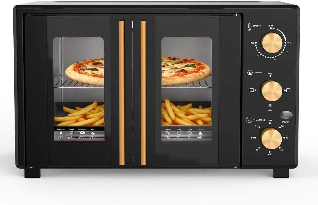GIHETKUT French Door Air Fryer Oven Combo, 35 QT Extra Large Oven，18-Slice Convection Oven3-Control Knobs, Bake Broil Toast Grilled Meat Keep Warm, black Metal,Includes 2 Pizza Racks